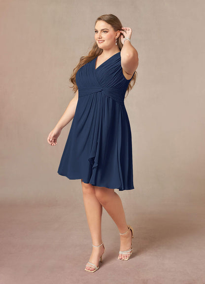 Dark Navy A-Line V-Neck Pleated Chiffon Dress