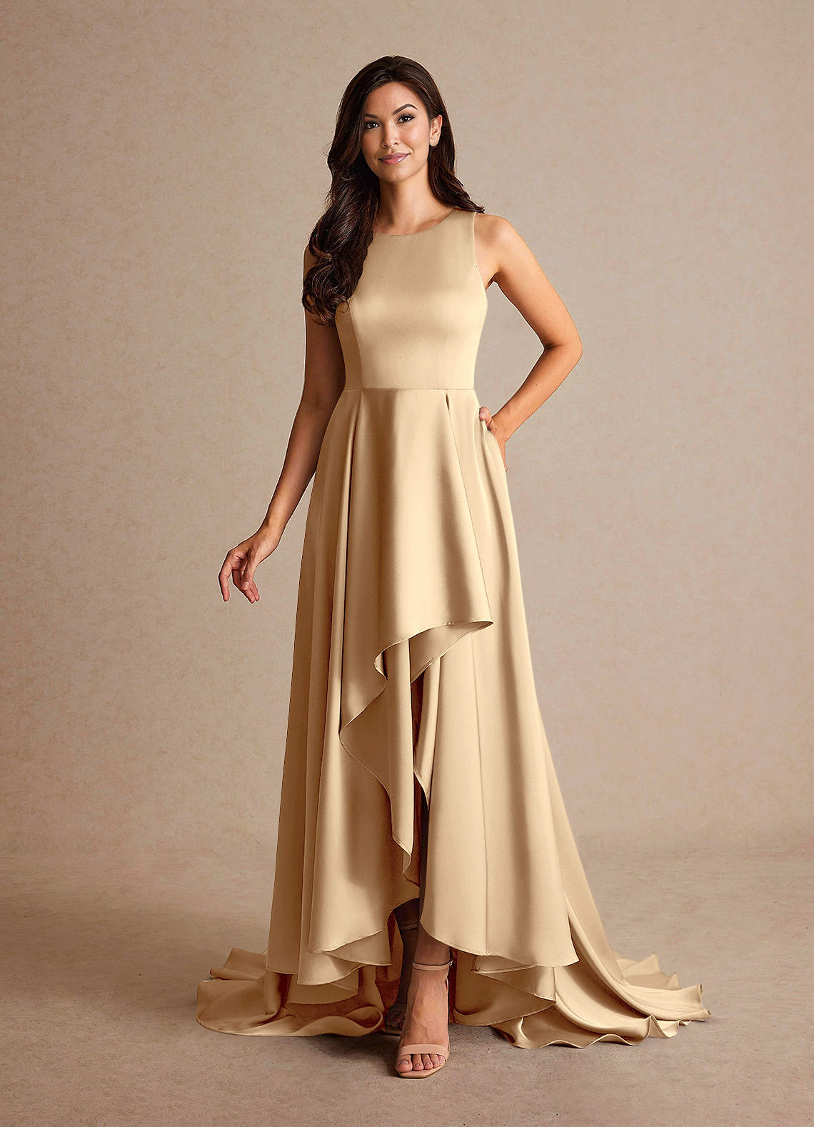 Champagne A-Line Trains Stretch Satin Dress