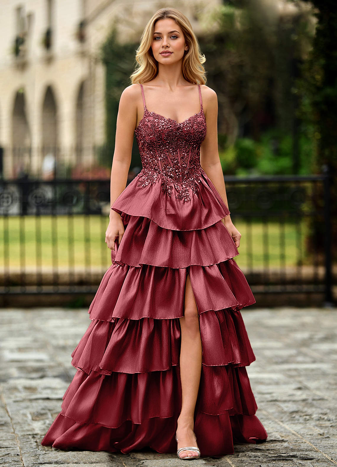 Jasmunya Burgundy Organza Prom Dress
