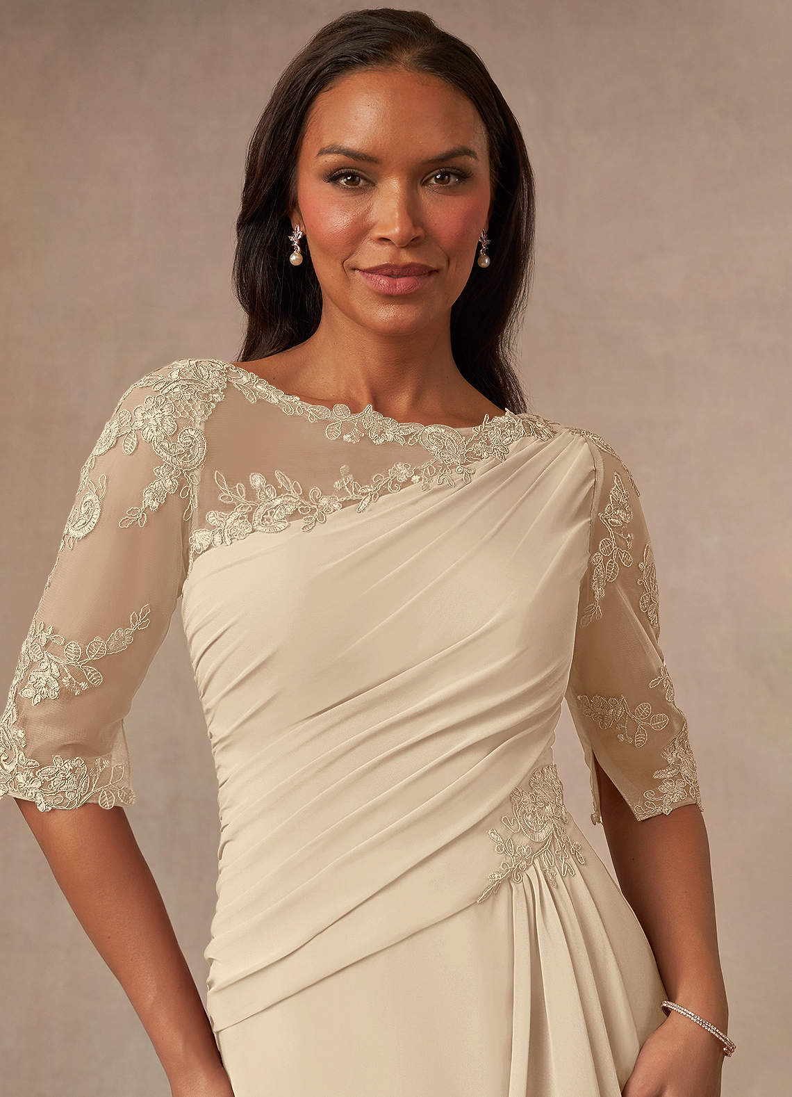 Champagne A-Line Boatneck Lace Chiffon Dress