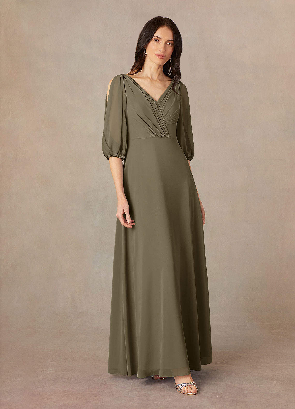 Willow Green A-Line V-Neck Ruched Chiffon Dress