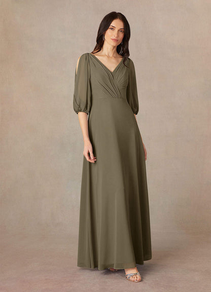 Willow Green A-Line V-Neck Ruched Chiffon Dress