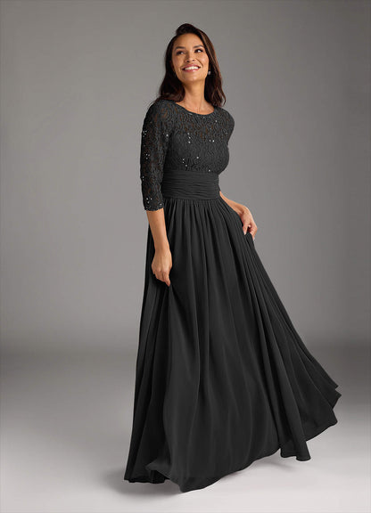 Black A-Line Lace Chiffon Dress