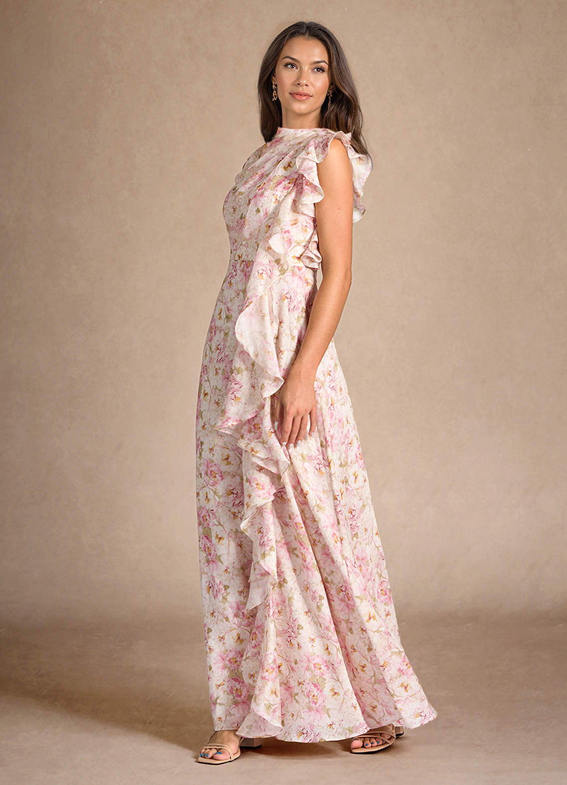 Antique Rose Floral A-Line Pleated Floral Chiffon Dress