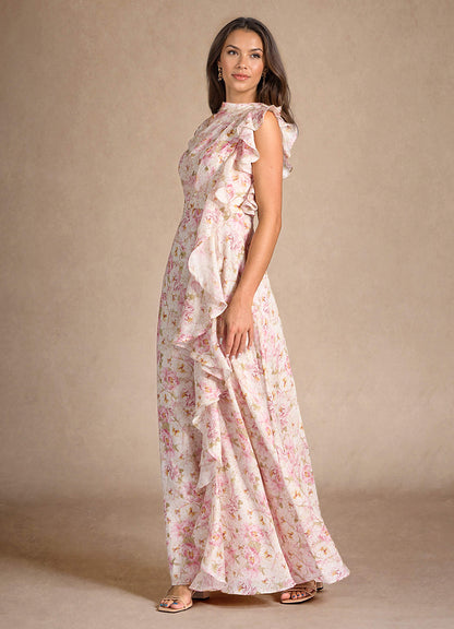 Antique Rose Floral A-Line Pleated Floral Chiffon Dress
