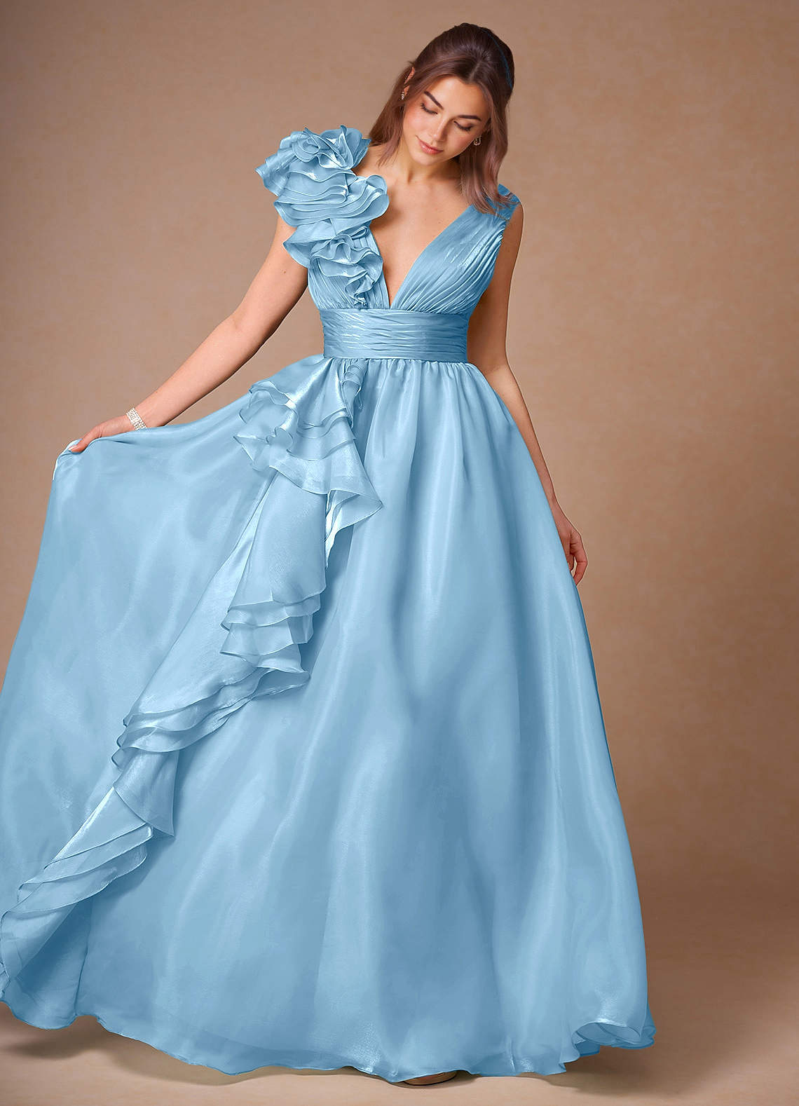 Vespera Mint Blue Ruffles Gown  Dress