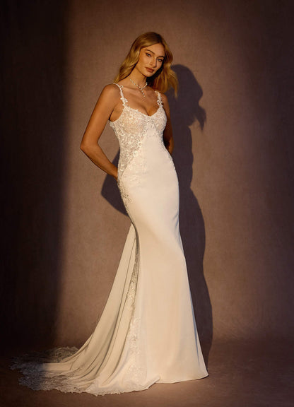 Diamond White Mermaid Lace Crepe Back Satin Dress