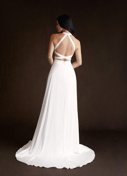 Diamond White A-Line Side Slit Stretch Satin Dress