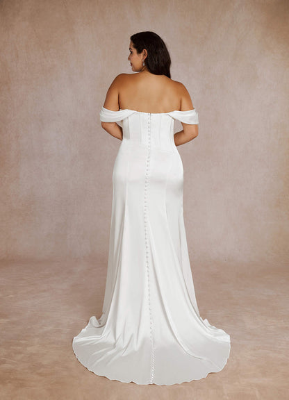 Diamond White Mermaid Off the Shoulder Stretch Satin Dress
