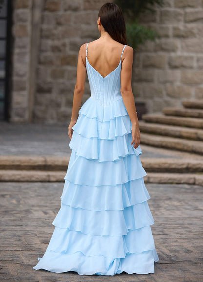 Floralace Sky Blue Ruffled A-Line Prom Dress
