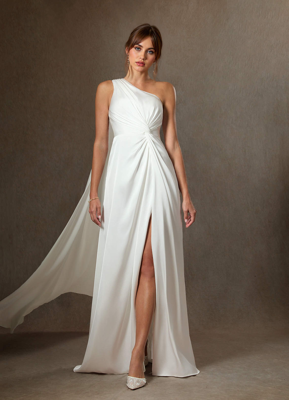 Diamond White A-Line One Shoulder Stretch Satin Dress
