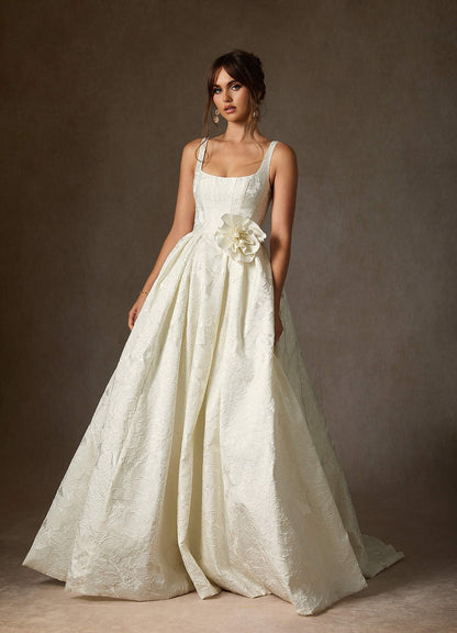Antique White Ball-Gown with Pockets Floral Jacquard Dress
