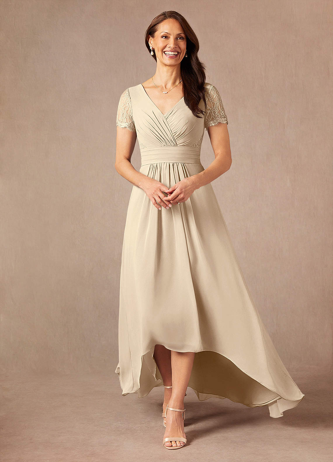 Champagne A-Line Lace Chiffon Dress