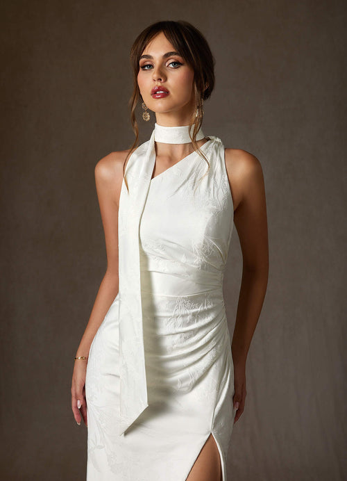 Diamond White Sheath One Shoulder Floral Jacquard Dress