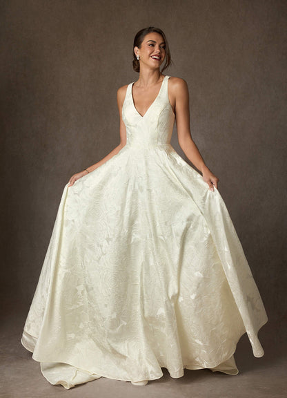 Antique White Ball-Gown Strap Floral Jacquard Dress