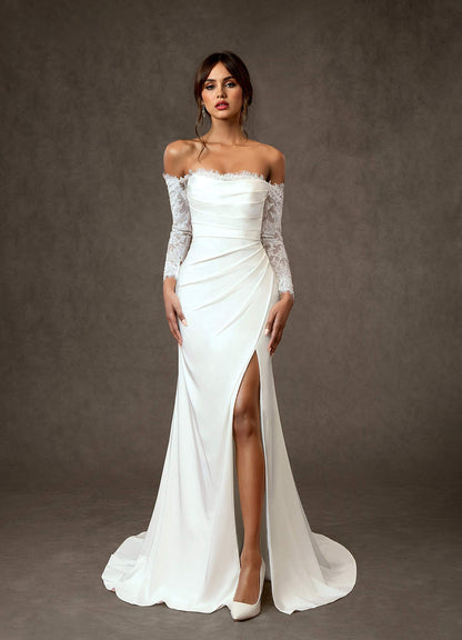 Diamond White Mermaid Sequins Crepe Back Satin Dress