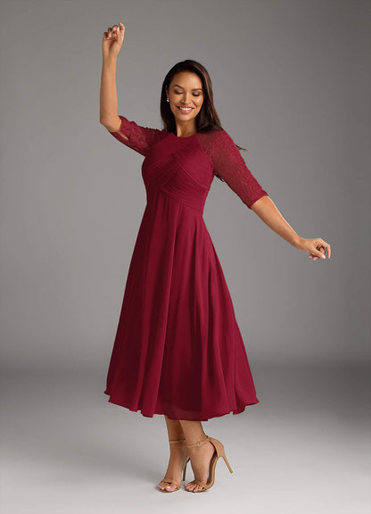 Burgundy A-Line Scoop lace Chiffon Dress