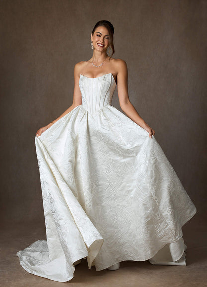 Diamond White Ball-Gown Strapless Floral Jacquard Dress