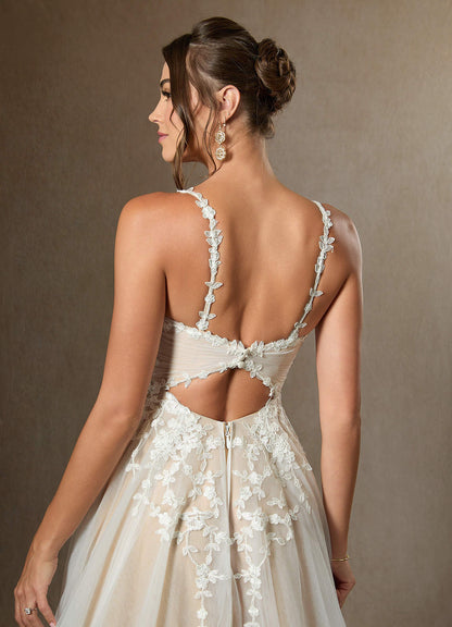 Diamond White Champagne A-Line V-Neck Lace Tulle Dress