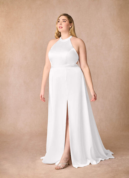 Diamond White A-Line Side Slit Stretch Satin Dress
