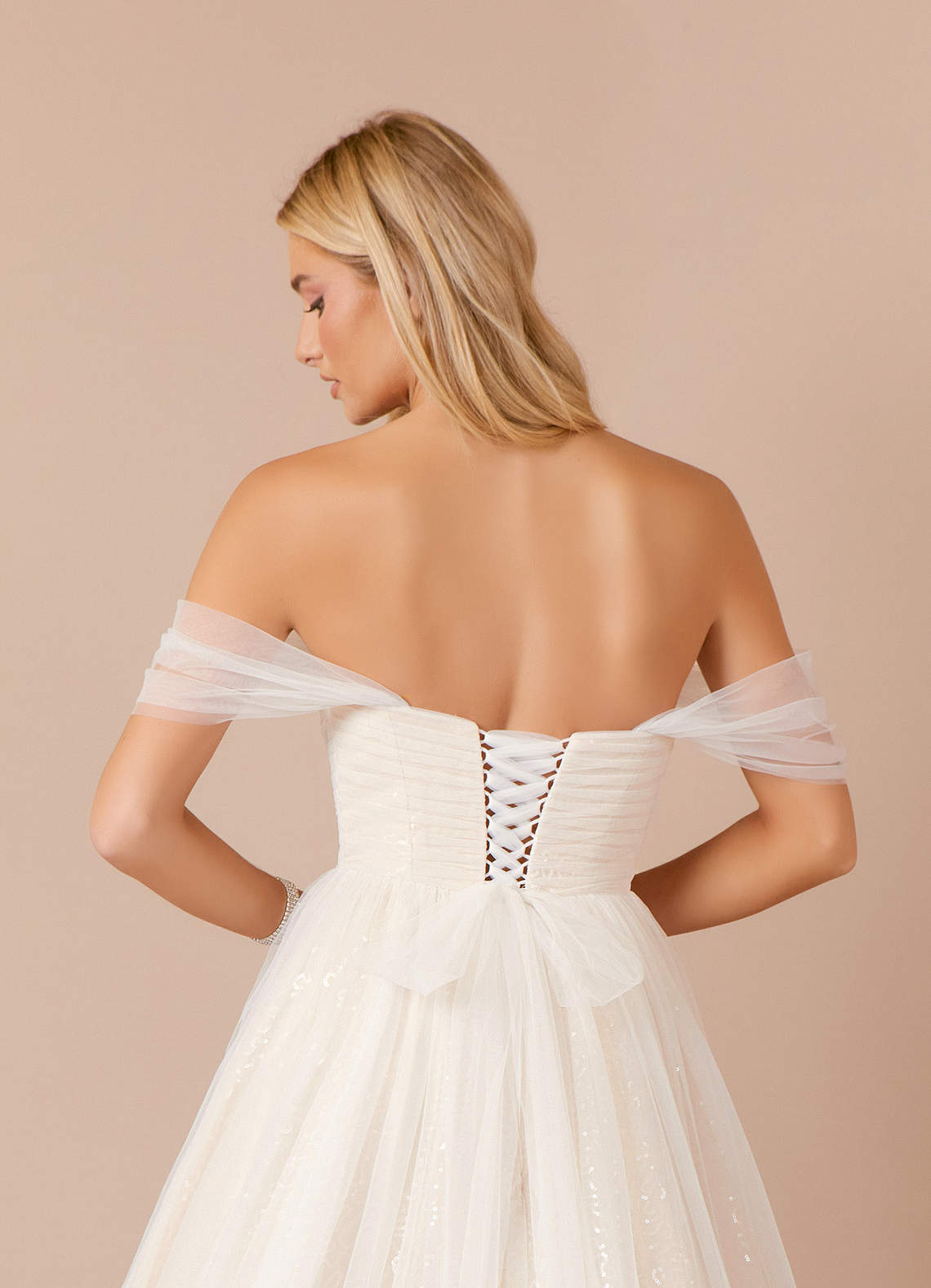 Diamond White Champagne A-Line Off the Shoulder Tulle Dress
