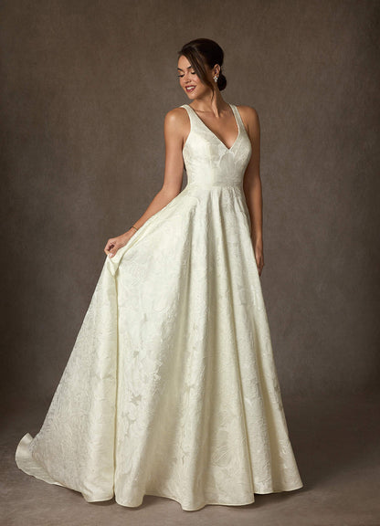Antique White Ball-Gown Strap Floral Jacquard Dress