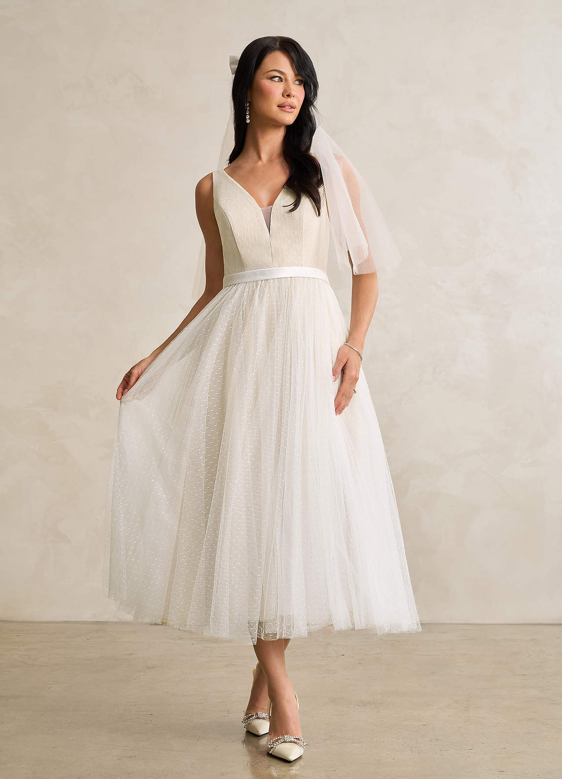 Diamond White Champagne A-Line Bow Tulle Dress