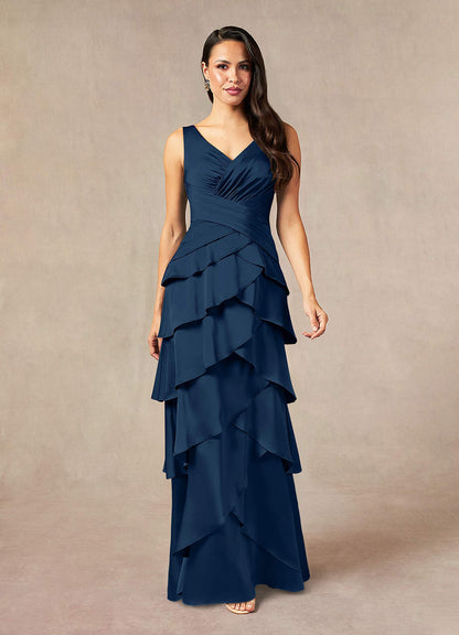 Dark Navy A-Line Pleated Stretch Satin Dress