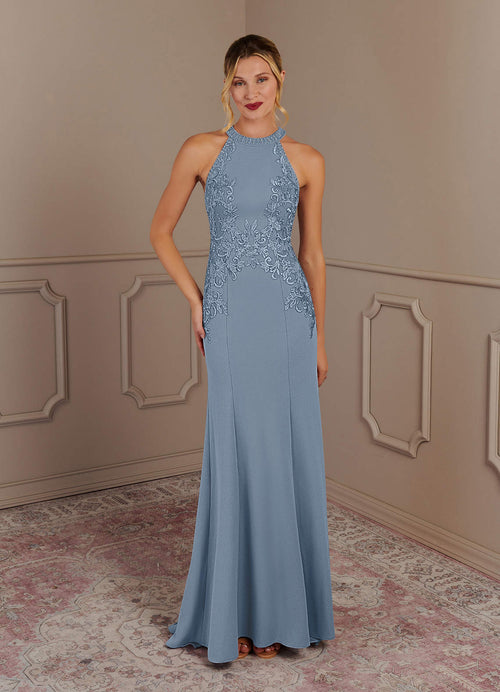 Dusty Blue Mermaid Halter Lace Stretch Crepe Dress
