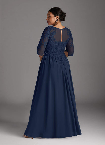Dark Navy A-Line Scoop Lace Chiffon Dress