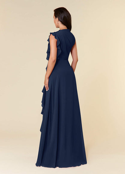 Dark Navy A-Line High Neckline Pleated Chiffon Dress