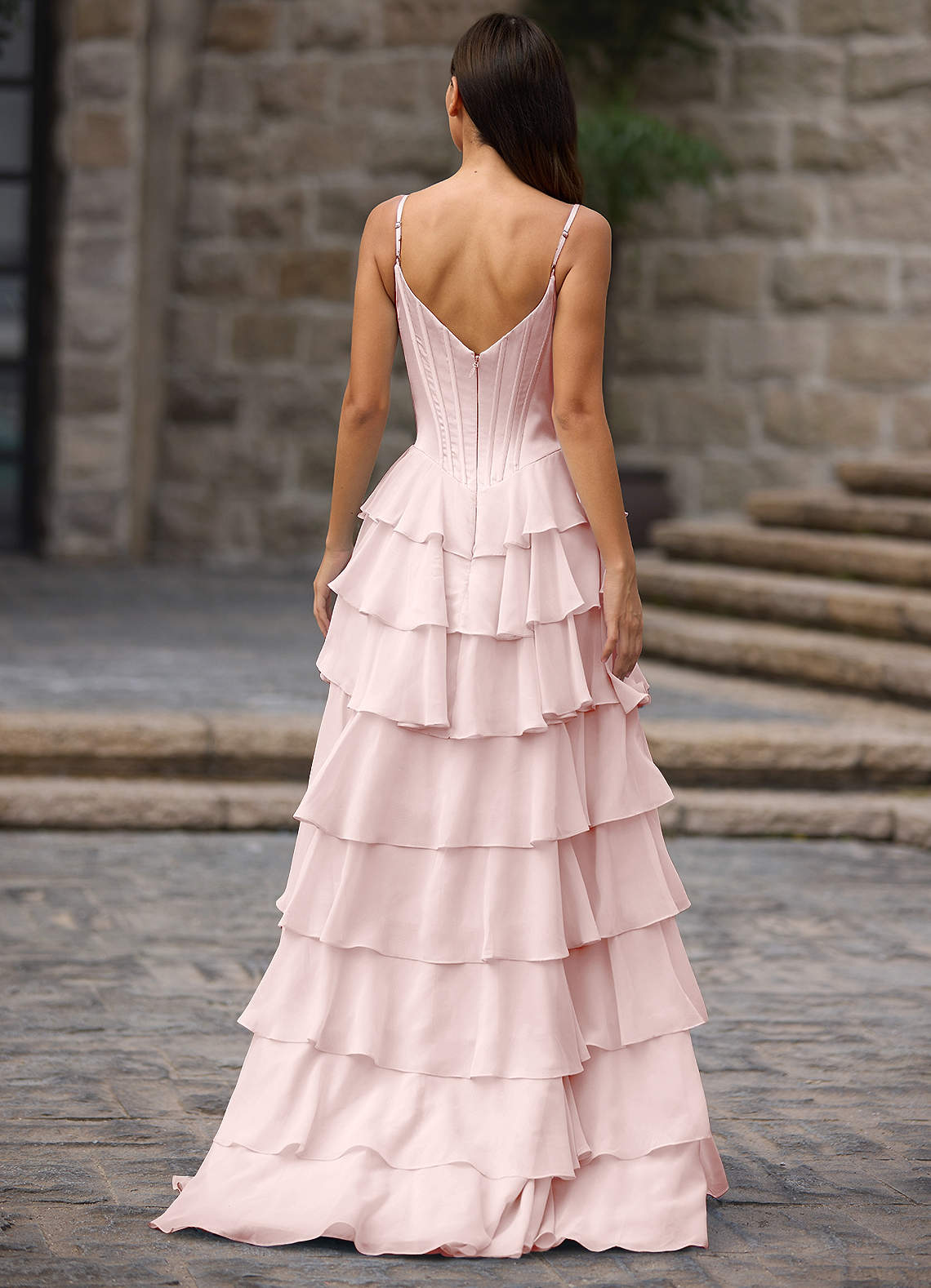 Floralace Powder Pink Ruffled A-Line Prom Dress  Dress