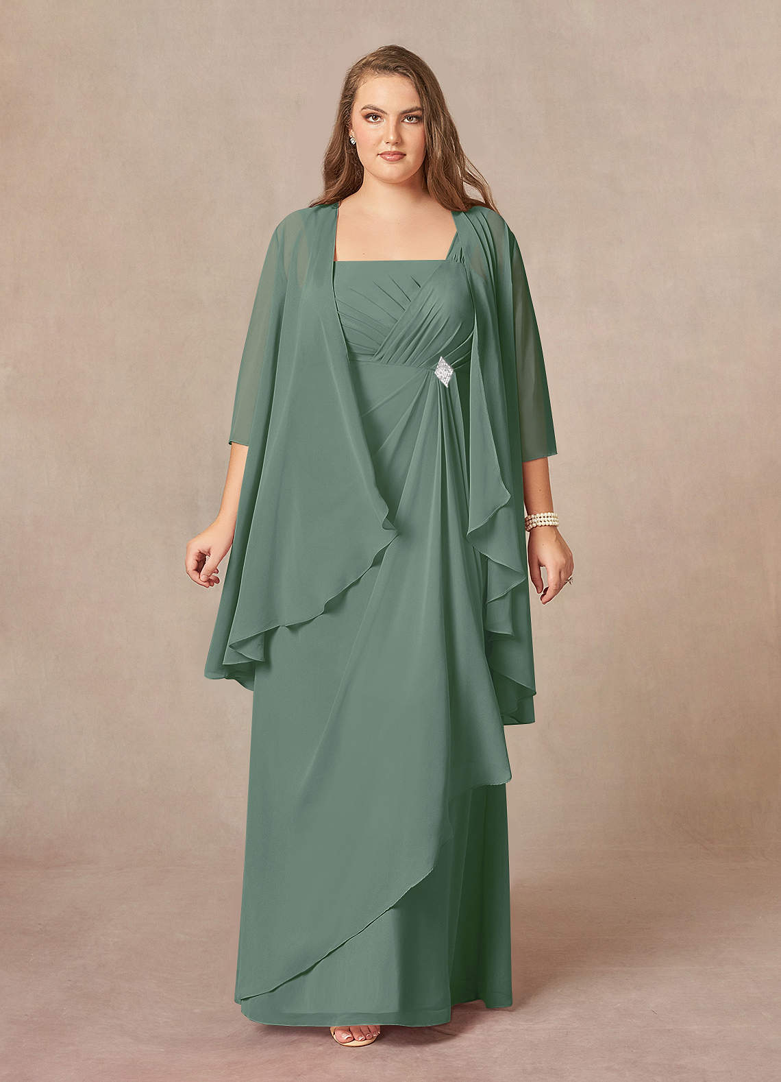 Eucalyptus A-Line Square Neckline Pleated Chiffon Dress