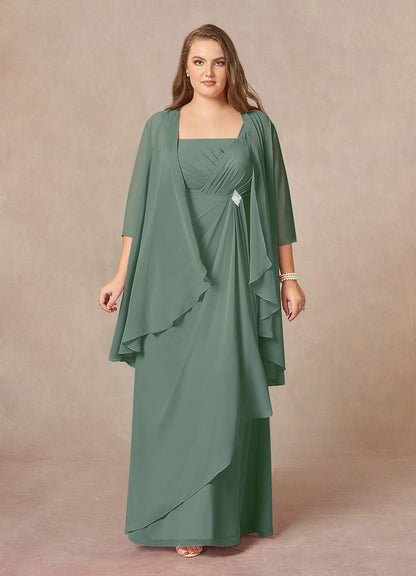 Eucalyptus A-Line Square Neckline Pleated Chiffon Dress