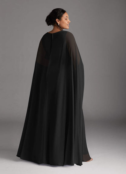 Black A-Line V-Neck Pleated Chiffon Dress
