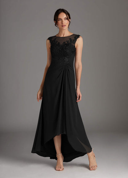 Black A-Line Scoop Lace Chiffon Dress
