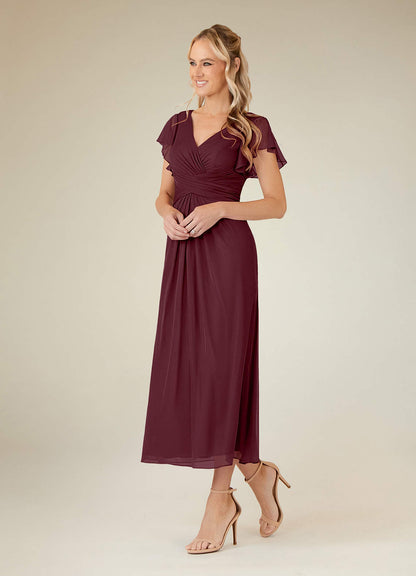 Cabernet A-Line V-Neck Pleated Mesh Dress