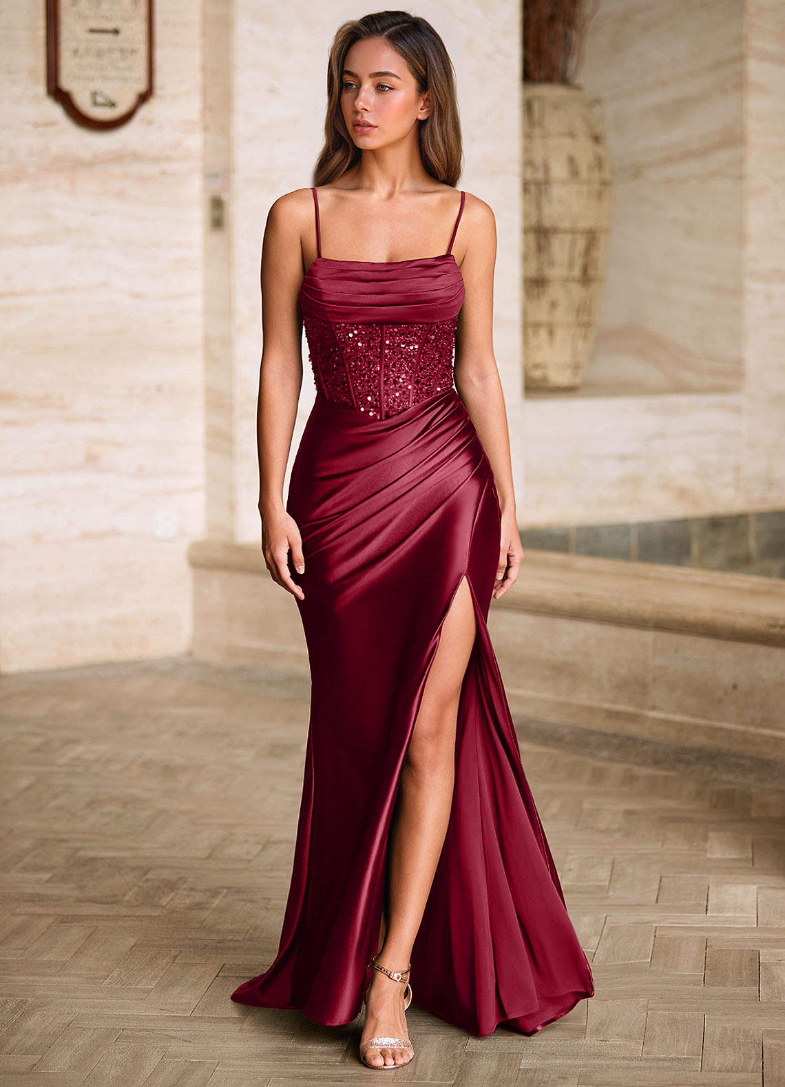 Starlit Burgundy Cowl Neck Prom Dress  Dress