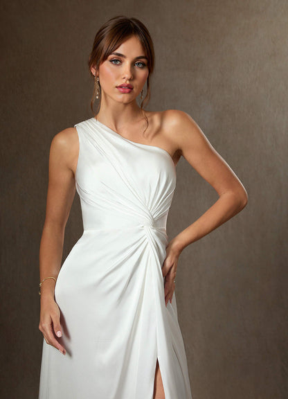 Diamond White A-Line One Shoulder Stretch Satin Dress