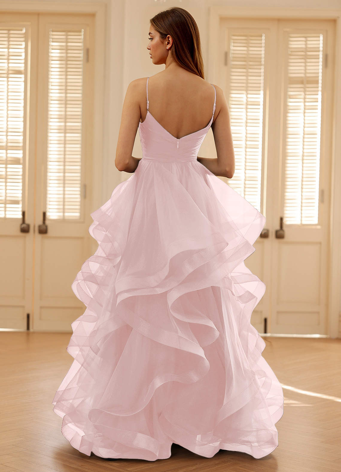 Carmencita Powder Pink A-Line Ruffles Prom Dress