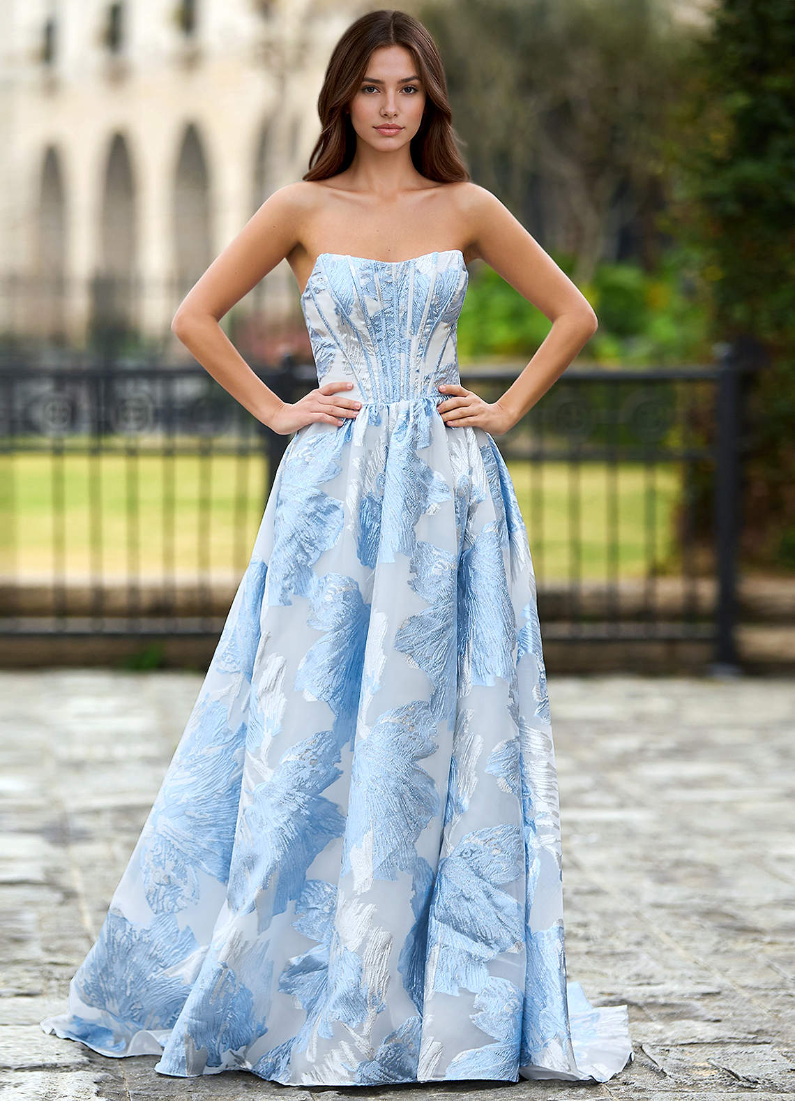 Thalia Sky Blue Enchanted Garden Lace-Up A-Line Prom Dress