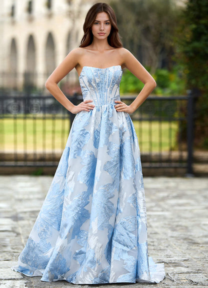 Thalia Sky Blue Enchanted Garden Lace-Up A-Line Prom Dress