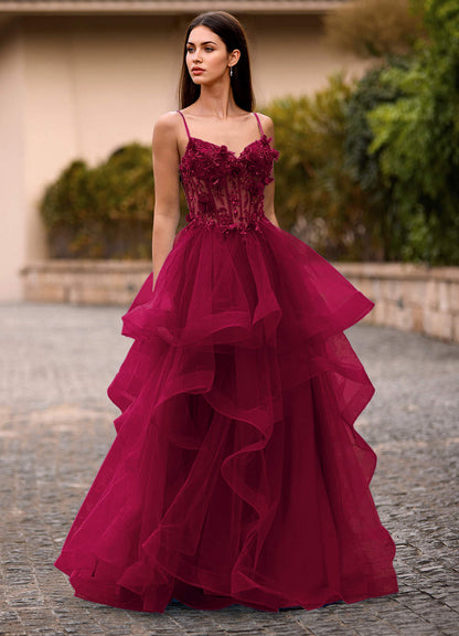 Dreama Burgundy Lace Corset Ruffle Prom Dress  Dress