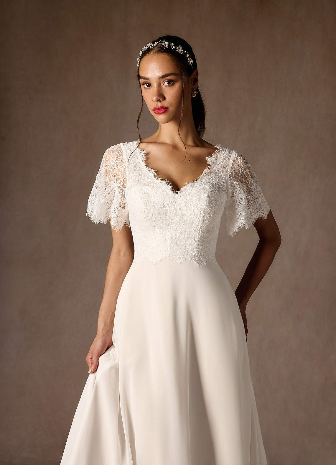 Diamond White Champagne A-Line V-Neck lace Chiffon Dress