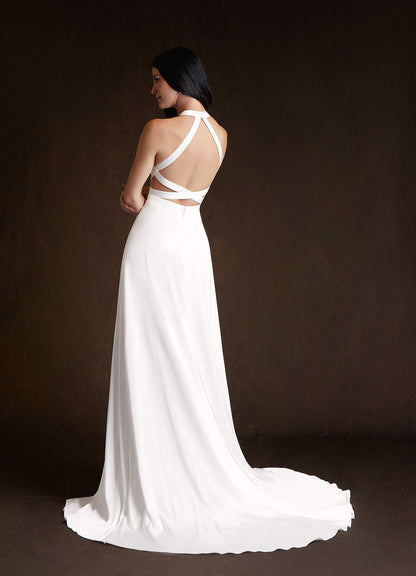 Diamond White A-Line Side Slit Stretch Satin Dress