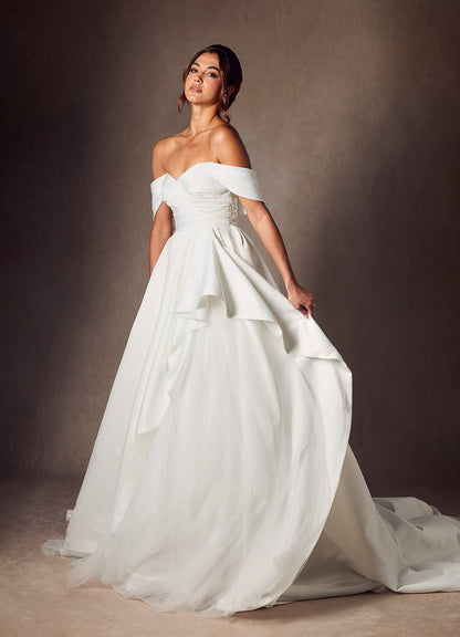 Diamond White A-Line Off the Shoulder Matte Satin Dress