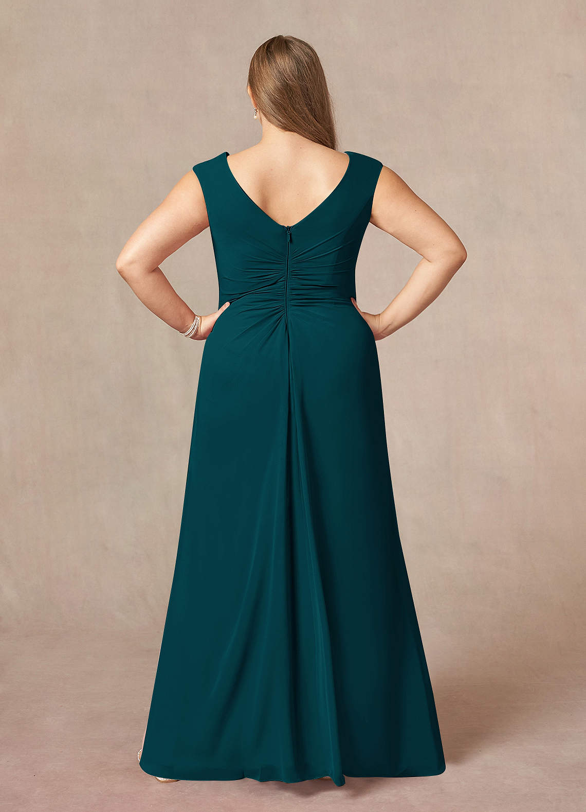 Pine A-Line V-Neck Pleated Chiffon Dress