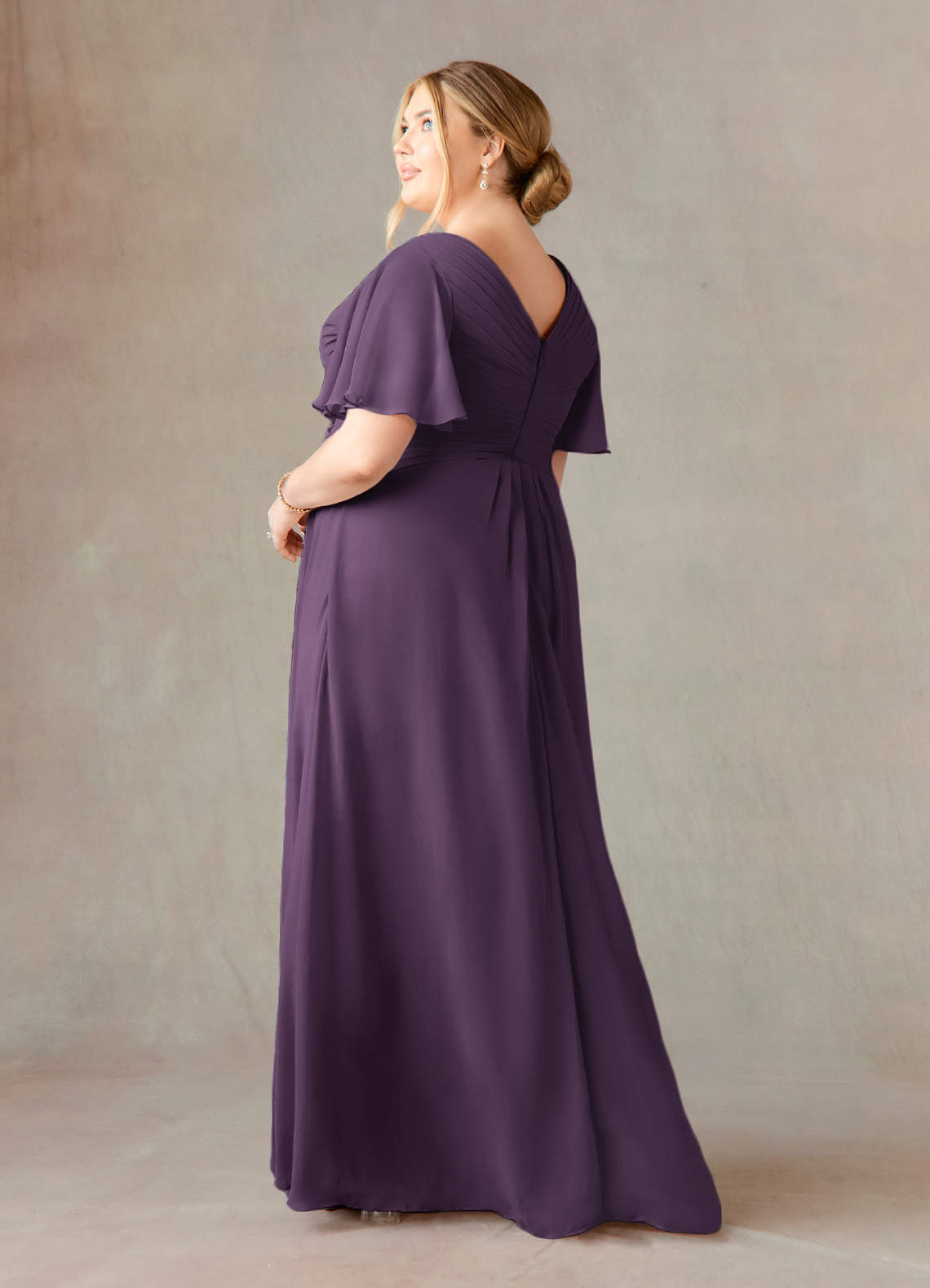 Plum A-Line V-Neck Ruched Chiffon Dress