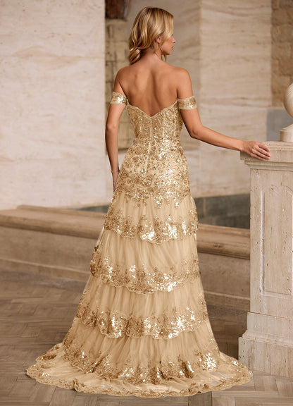 Jenna Champagne Ruffled Glitter Mermaid Prom Dress