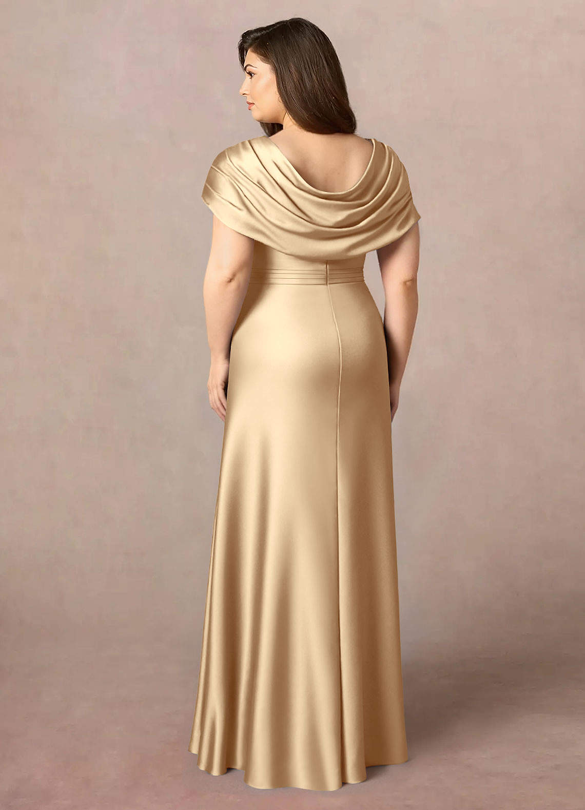 Champagne A-Line Pleated Stretch Satin Dress